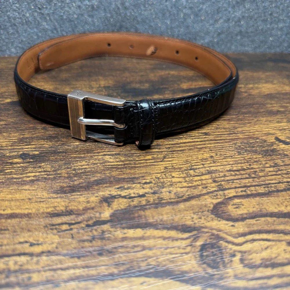 Lauren Ralph Lauren Black Croc Embossed Leather Belt M Silver Buckle Italian